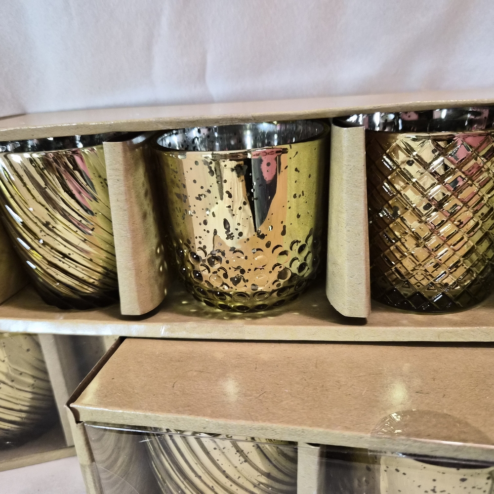 Six VOTIVE HOLDERS! Gold Glass Votive Holders - *TWO 3 PACK SETS!!!